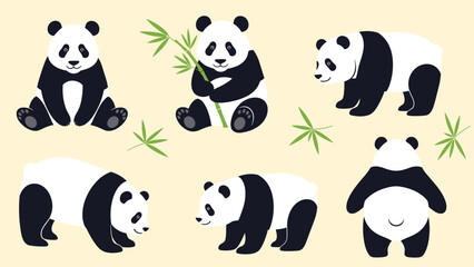 Obraz premium Adorable giant panda character in various poses including sitting with bamboo, walking, and looking from behind in a set.