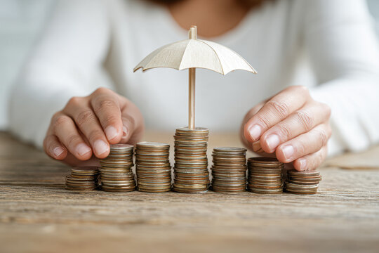 Hands protect stacked coins under a small umbrella, symbolizing financial security and savings protection.