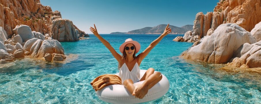 Happy young woman relaxing on inflatable donut float in clear turquoise sea between rocky coves
