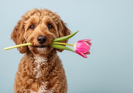 Sweet mothers day gift adorable golden doodle dog holding vibrant flowers perfect for celebrating mom's special day