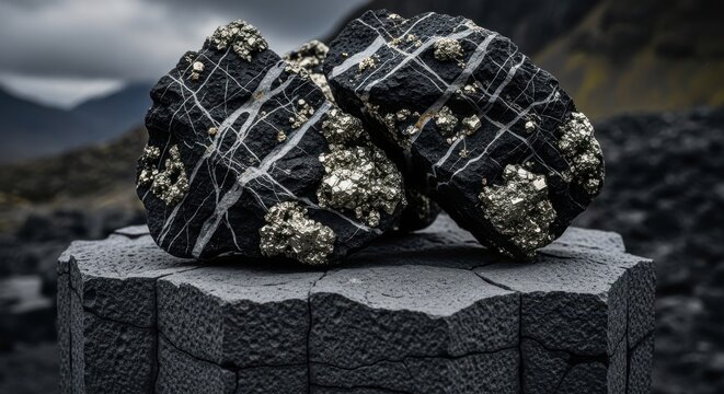 Close-up of rough, black volcanic rock fragments with clusters of golden pyrite crystals