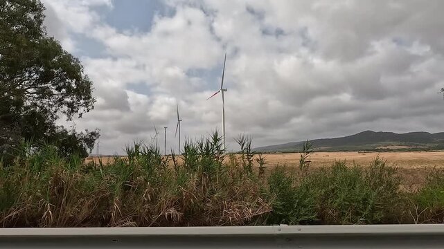 Driving shot of wind turbines on golden field and trees next to a rural Spanish road, dramatic cloudy sky