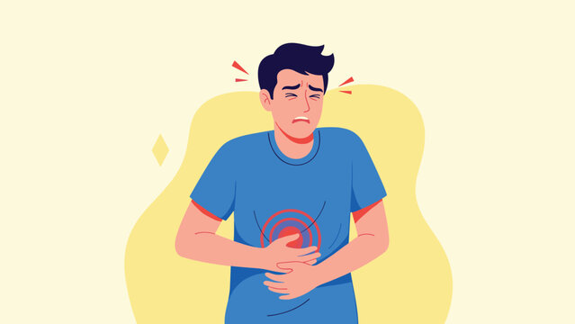 Man in a blue shirt suffering from severe stomach pain or abdominal cramps with red circular ripples indicating the area of ache.