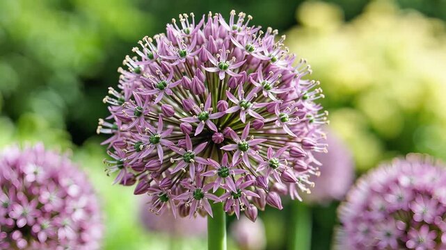 Closeup of a beautiful purple allium flower in a garden setting.