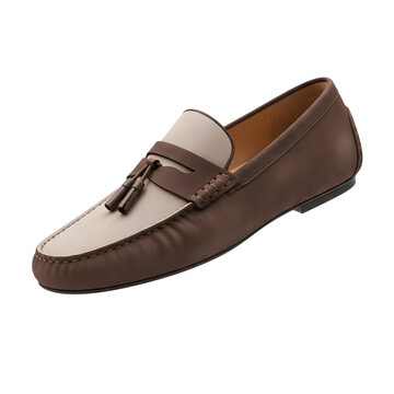 Elegant two-tone brown and beige leather tassel loafer shoe for men with classic design isolated on transparent background