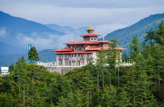 Scenic Bumthang Bhutan. A typical architectural structure of Bhutan with the backdrop of mystic mountains.