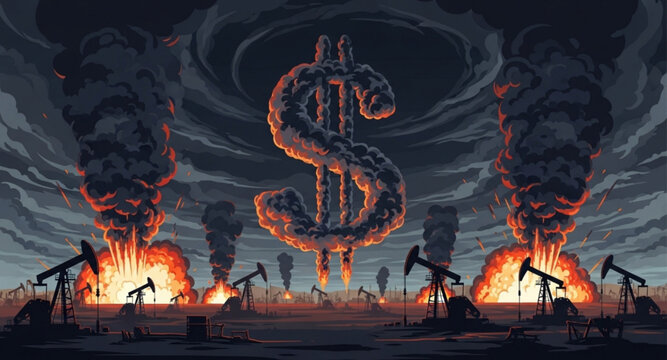 Apocalyptic Oil Field with Burning Sky Dollar Symbol