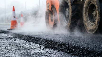 Heavy industrial steamroller machine pressing hot, steaming black asphalt during road construction. © Omishu Makes
