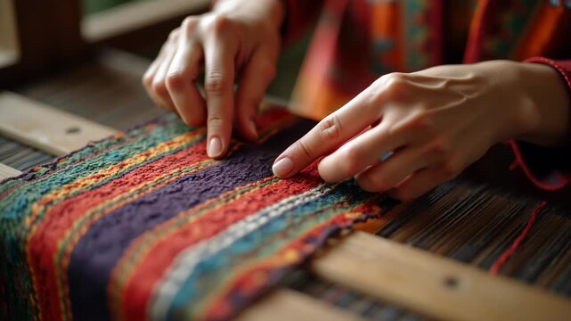 Hands of traditional weaver creating colorful textile on wooden loom, bokeh warm ethnic workshop background