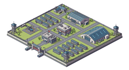 Obraz premium Isometric 3D illustration showcases a detailed military base design, complete with various buildings, towers, and vehicles arranged on a map-like computer board, all rendered with a clean