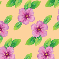Fototapeta premium Vinca Flower with leaves hand drawn watercolor Pattern on beige background