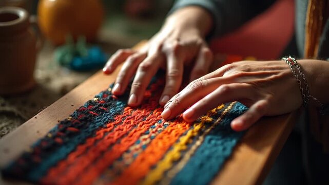 Hands of traditional weaver creating colorful textile on wooden loom, bokeh warm ethnic workshop background