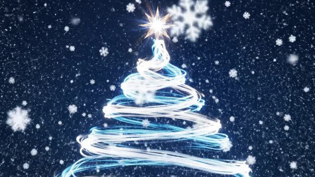 A glowing blue and white swirly christmas tree with a star on top surrounded by snowflakes on a dark blue background