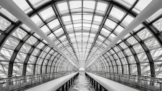 black and white abstract architectural structure with symmetrical repeating geometric lines and modern steel framework, futuristic design background
