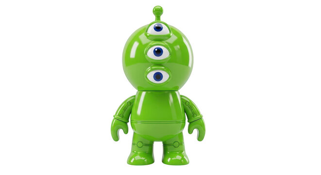 Green robot toy with three eyes on head standing alone transparent background