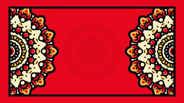 Red Motion Two Symmetrical Half Mandalas on Black Frames with Copy Space for Text. Template video background
