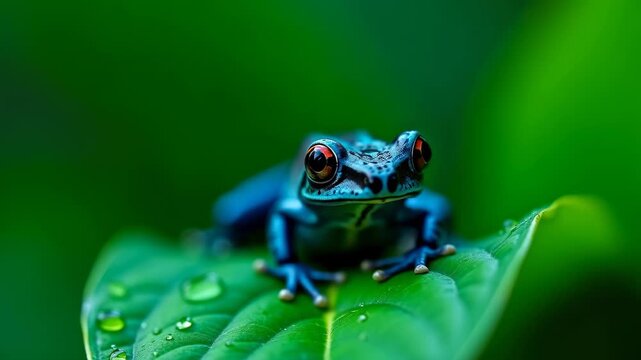 Exotic poison dart frog on vibrant tropical leaf surface, bokeh lush rainforest green background
