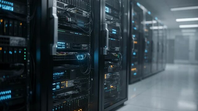 Medium shot of cybersecure brokerage data center with sharply focused server racks processing trade data blurred background emphasizes secure digital environment.