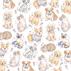 Fototapeta premium Watercolor Dog & Cat Seamless Pattern — Cute Pet Repeat Surface Design 