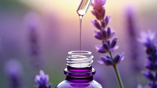 Fresh lavender essential oil drop falling into glass bottle, bokeh soft provence field background