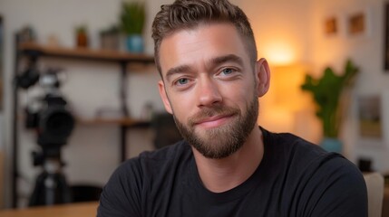 Obraz premium Confident man with a warm smile in a home studio looking directly at the with soft background lighting