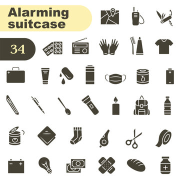 Icons for emergency kit. Survival and safety kit. Theme of survival, safety, and emergencies.