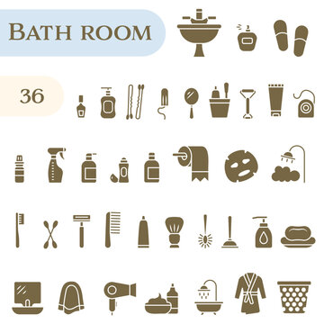 Bathroom icons. A monochrome icon set dedicated to the theme of bathrooms and hygiene products.