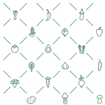 A set of minimalist contour icons of vegetables in green.