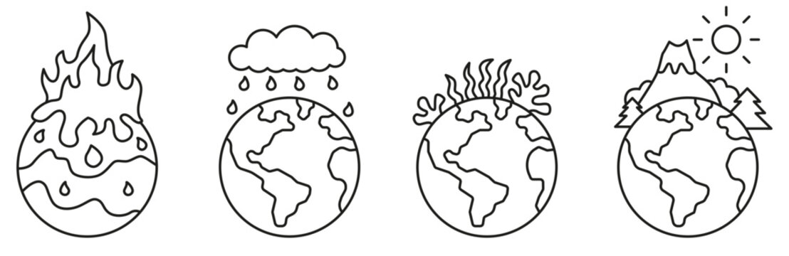Linear style icons for climate change and global warming.