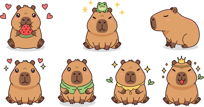 Cute capybara cartoon character collection with funny poses, accessories, frog friend and food isolated on white background vector set