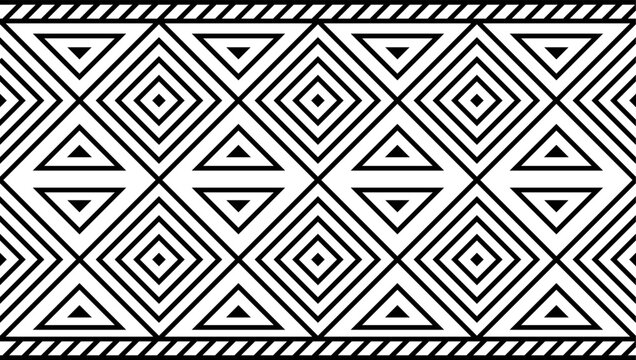 An abstract geometric seamless pattern featuring triangles and diamonds in black and white.