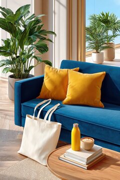 Cozy modern living room scene with blue sofa, yellow water bottle and canvas tote bag on table
