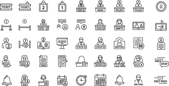 Queue management and ticketing system outline icon set with check in waiting line booking service and customer flow symbols