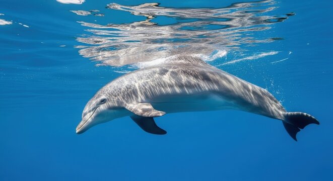 Graceful dolphin performing an underwater somersault in clear blue ocean waters