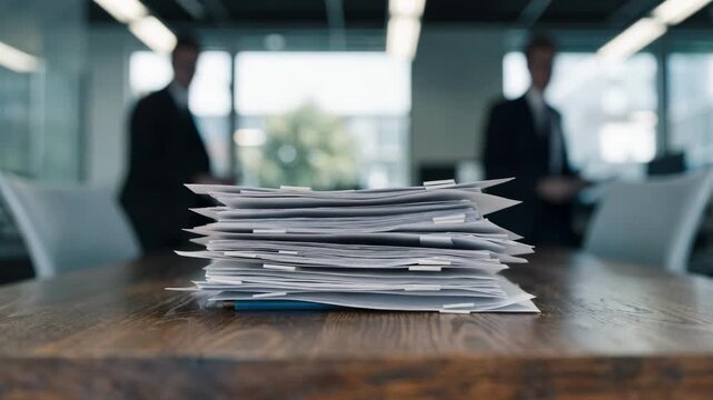 Medium shot of a stack of trade confirmations on an office desk sharply focused in the foreground with blurred background elements.