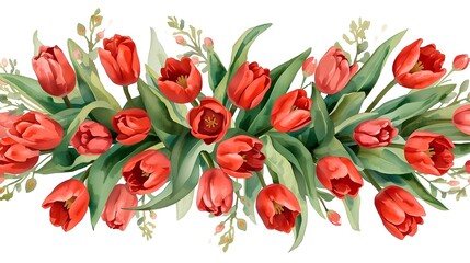 Obraz premium Vibrant Red Tulips Border Seamless Illustration with Green Leaves on White Background
