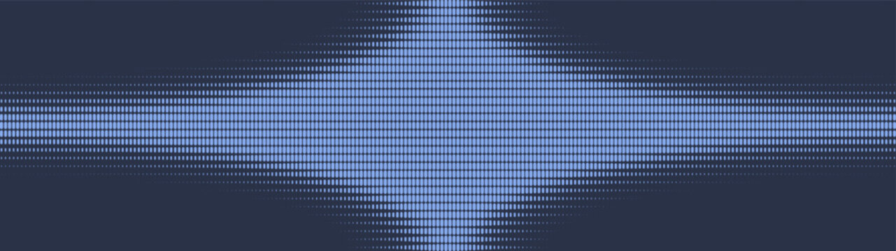 Dash grid halftone pattern blink star shaped border ultra wide 32:9 aspect ratio deep blue vector abstract background. Dashed structure half tone ultrawide format futuristic technology design element