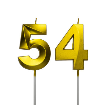 A pair of shiny golden birthday candles in the shape of the number fifty four, featuring a spiral textured surface and isolated on a plain white background.