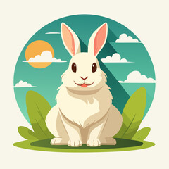 Obraz premium Cute white rabbit flat vector illustration in a sunny nature setting