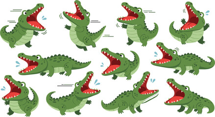 Obraz premium Cute cartoon crocodile collection with funny poses, open mouth expressions and playful alligator characters isolated on white background