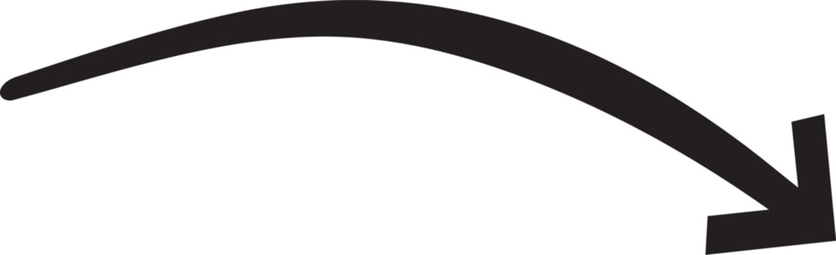 Curved black arrow pointing down simple vector graphic for direction or progress on white background