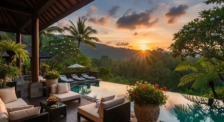 Fototapeta premium Luxurious tropical resort with an infinity pool overlooking a vibrant sunset and lush jungle landscape, perfect for a serene getaway.
