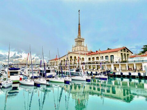 Yachts and ships in the port of sochi russia