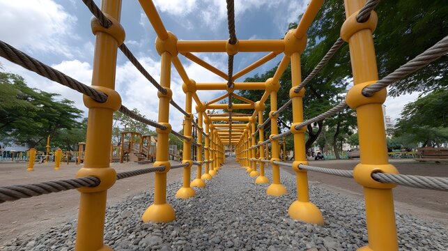 Yellow outdoor monkey bar structure with ropes on a pebble ground offering a perspective view of recreational fun and physical activity in a park
