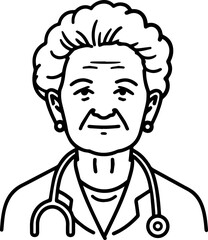 Naklejka premium Hand Drawn Elderly Female Doctor Black and White Illustration in Minimal Line Art Style Design