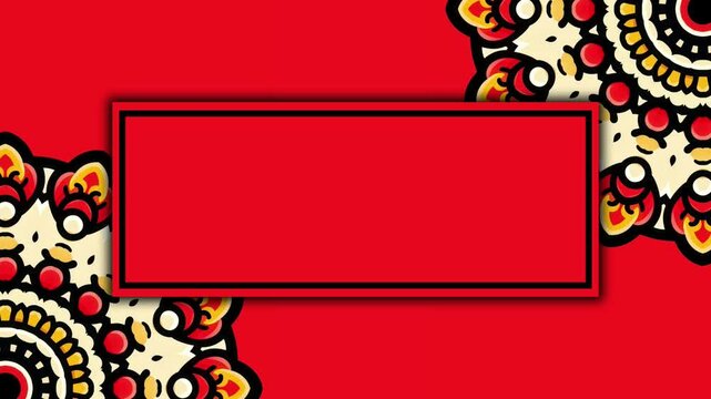 Red Background with Mandala Ornaments Motion and Central Rectangular Frame for Text or Product Placement in Graphic Design.
