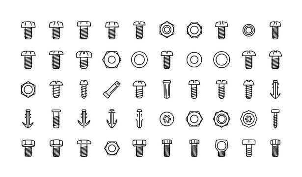 Fastener icons set with bolts screws nuts and hardware elements editable stroke thin line vector for industrial and construction design