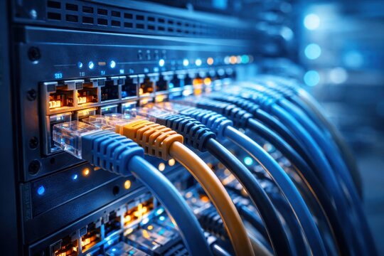 Numerous blue and orange ethernet cables plugged into network switch with glowing lights.