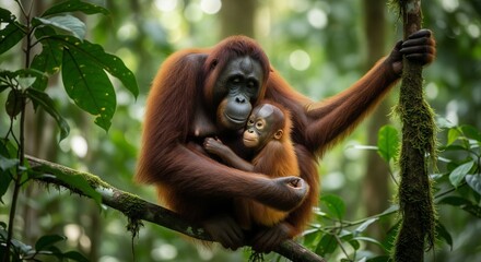Obraz premium An Intimate Bond: Wild Orangutan Mother and Baby Embracing on a Branch in Their Natural Habitat