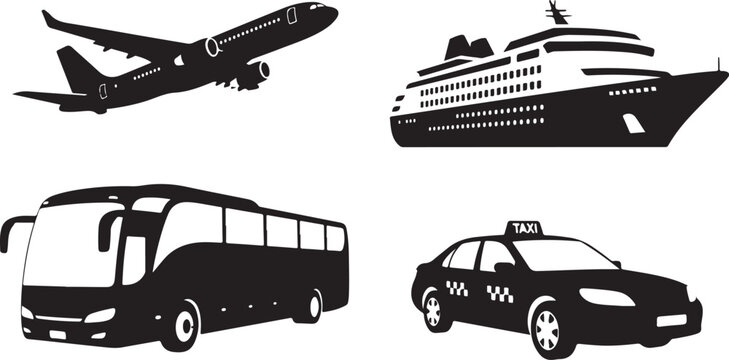 tourism transport airplane cruise ship bus taxi silhouette set black vector